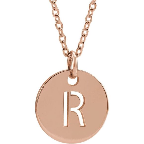 14k Rose Gold Initial R Small 10mm Pierced Disc Necklace 16-18 Inch